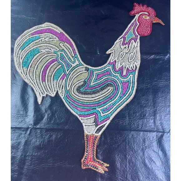 Huge Handmade Beaded Rooster Chicken Sequins 23" Tall Applique  Sparkle Colorful - Picture 1 of 9